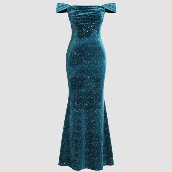 Cider NWOT VELVET OFF-SHOULDER STAR RUCHED MAXI DRESS XL - Picture 2 of 11